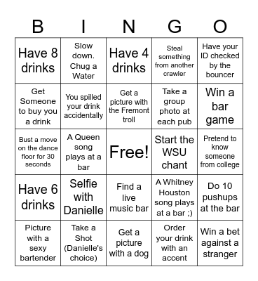 Danielle's 40th Birthday Party Bar Crawl Bingo Card