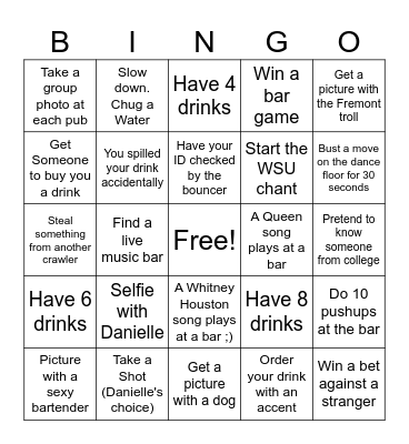 Danielle's 40th Birthday Party Bar Crawl Bingo Card