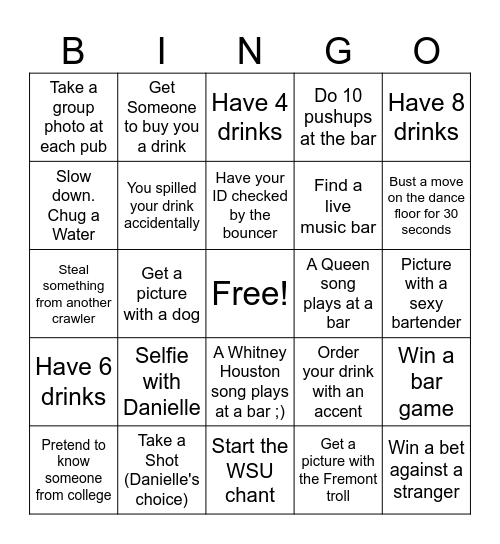Danielle's 40th Birthday Party Bar Crawl Bingo Card