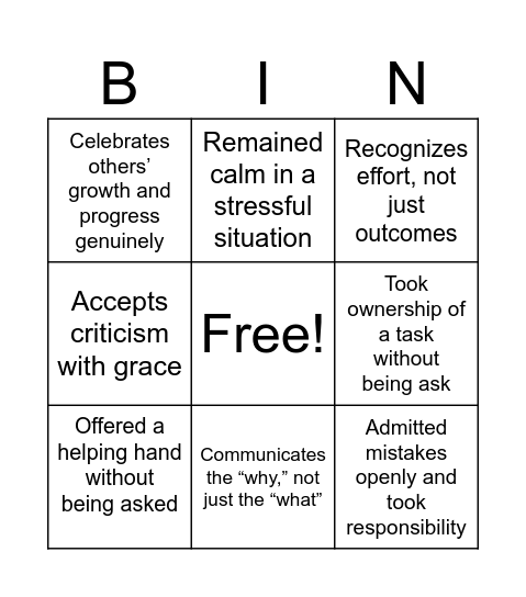Lead by Example Bingo Card