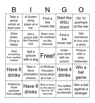 Danielle's 40th Birthday Party Bar Crawl Bingo Card