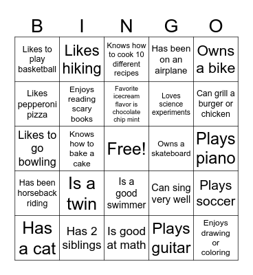 Getting to Know my Classmates Bingo Card