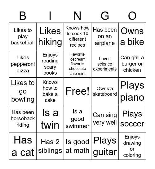 Getting to Know my Classmates Bingo Card