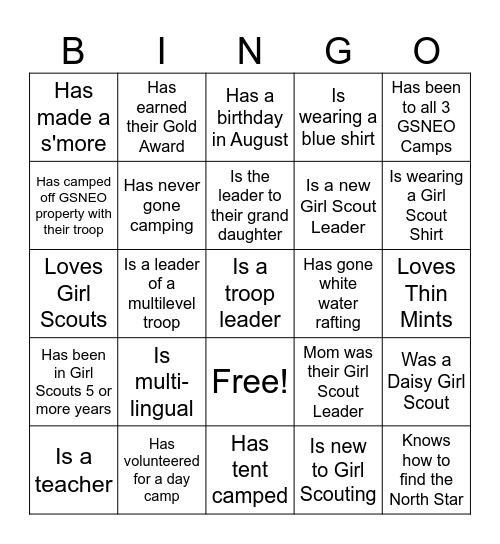 Girl Scout Service Unit Bingo Card