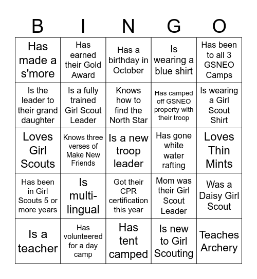 Girl Scout Service Unit Bingo Card