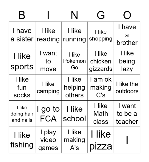 Things in Common Bingo Card