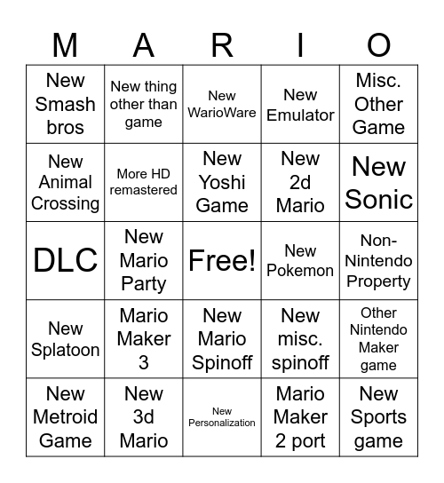 Nintendo Direct bingo Card