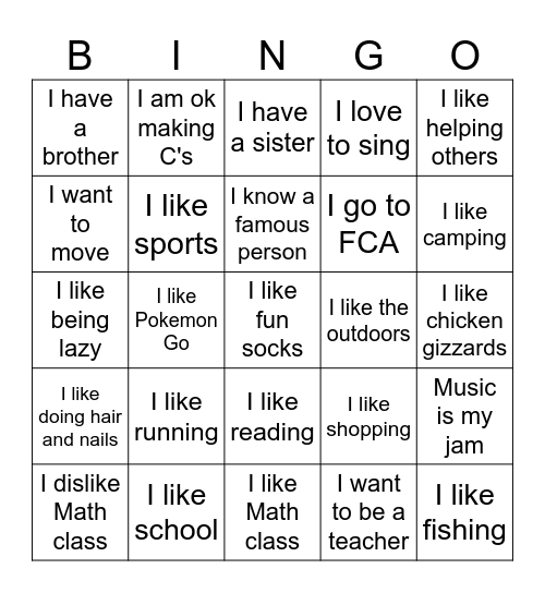 Things in Common Bingo Card
