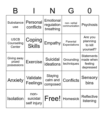 Emotional Regulation and Skills Bingo Card