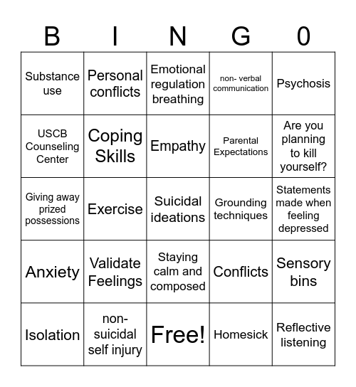 Emotional Regulation and Skills Bingo Card