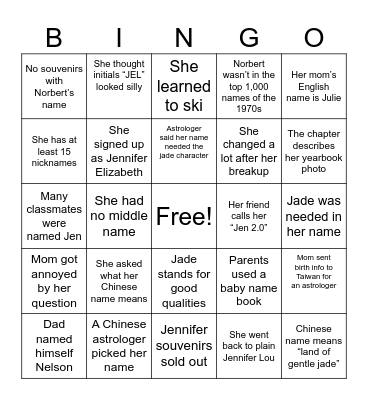 Story of My Name Bingo Card