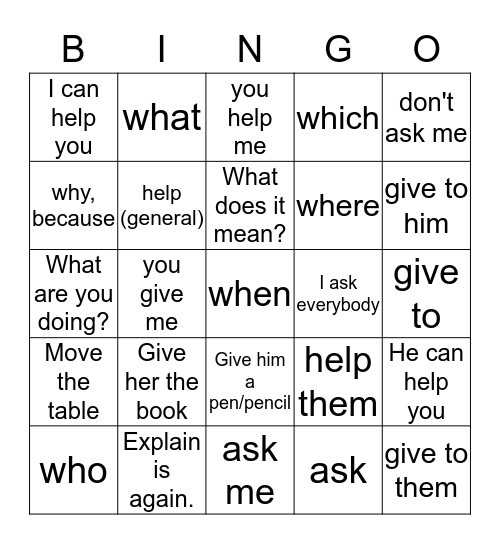 Unit 2 - Directionality and WH-Signs Bingo Card