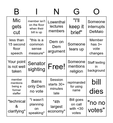 End of Session Bingo Card