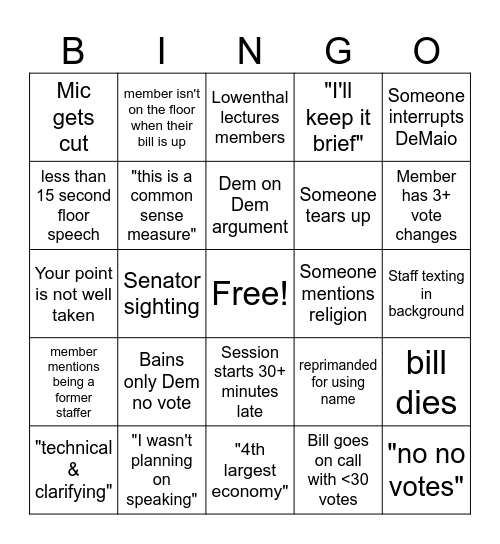 End of Session Bingo Card