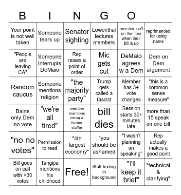 End of Session Bingo Card