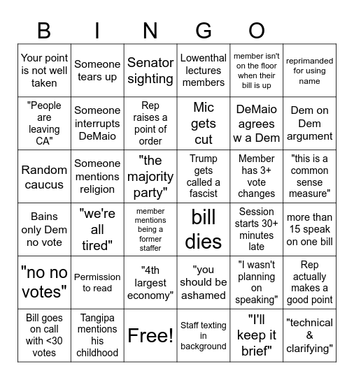 End of Session Bingo Card