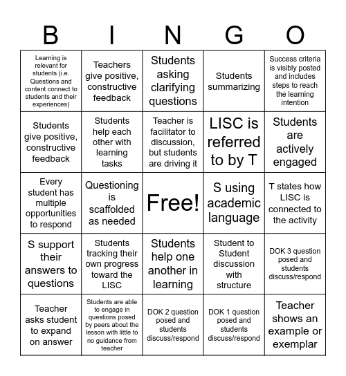CMS Instructional Rounds Bingo Card