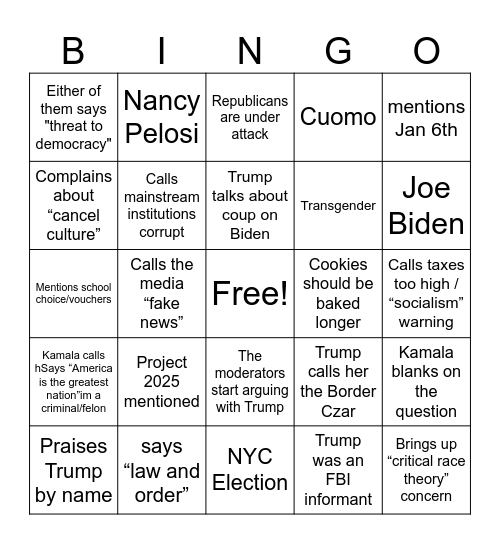 TRUMP VS KAMALA DEBATE Bingo Card