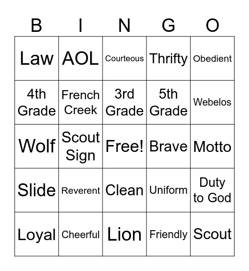 Pack 52 Bingo Card