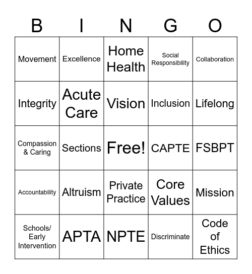 PT Profession Bingo Card