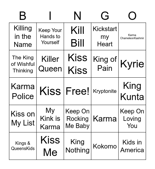 K is for KATE! Bingo Card