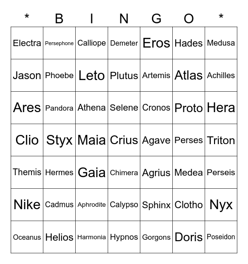 Greek Mythology Bingo Card