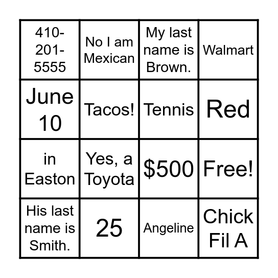 Questions and Answers Bingo Card