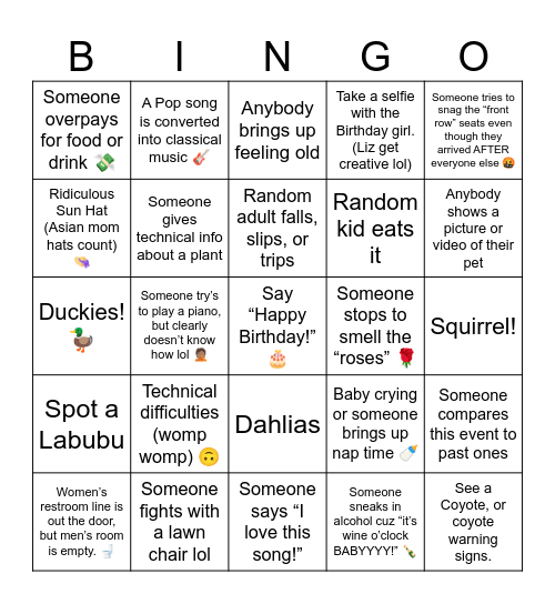 Liz's B-Day Bingo! Bingo Card