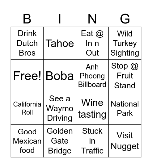California Bingo Card