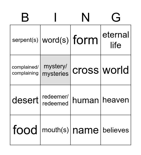 Exaltation of the Cross years ABC Bingo Card