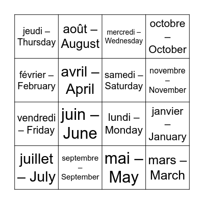 Jours et mois en français Bingo Card