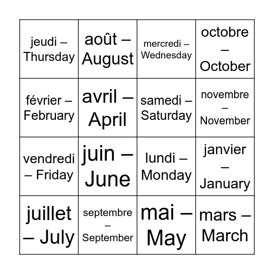 Jours et mois en français Bingo Card