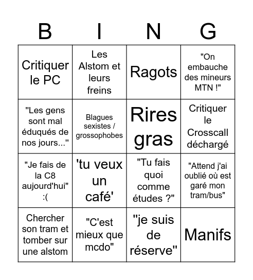 Bingo salle de prise de service Bingo Card