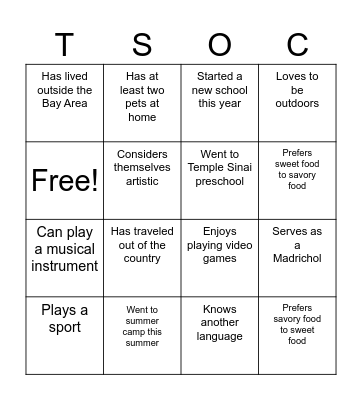 Schmooze with Jews Human Bingo Card