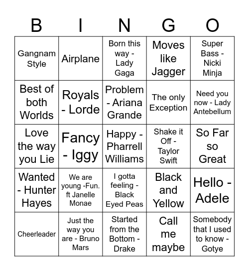 YA MUSIC BINGO Card