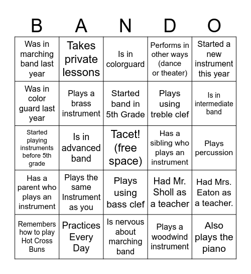 Band Buddy Bingo - Find Someone Who Bingo Card