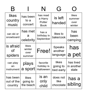 Friendship Bingo Card