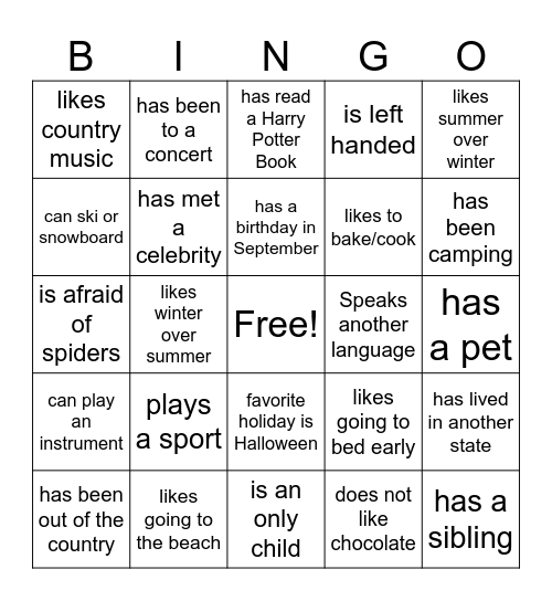 Friendship Bingo Card