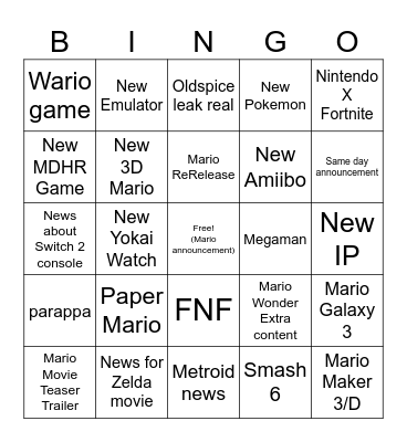 Nintendo Direct 9/12/25 Bingo Card