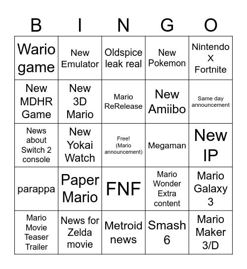 Nintendo Direct 9/12/25 Bingo Card
