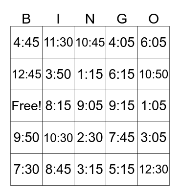 Telling Time  Bingo Card