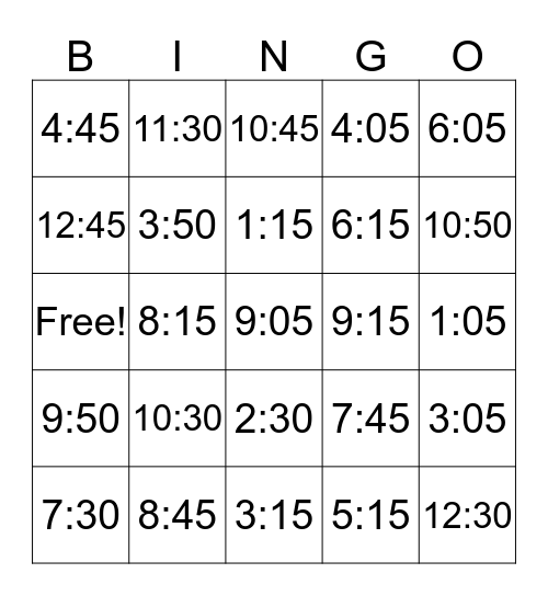 Telling Time  Bingo Card