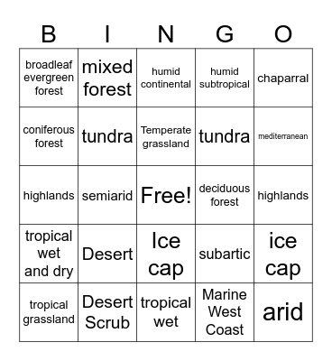 Climate and Vegetation Zones Bingo Card