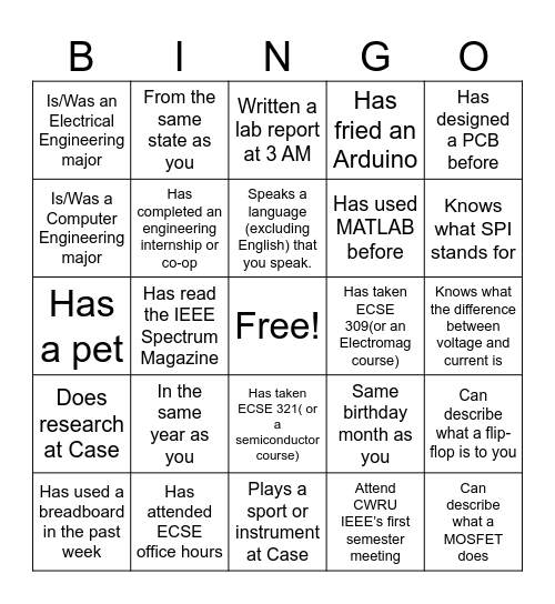 Find someone who... - IEEE CWRU Edition Bingo Card