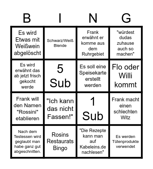 Rosins Restaurant Bingo Card