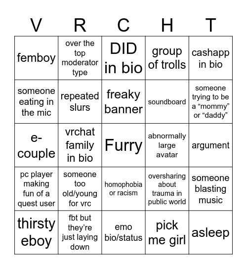 Vrchat Bingo Card