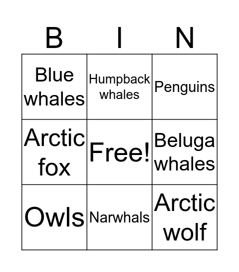 Tundra Bingo Card