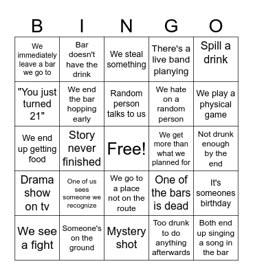 Bar Hopping Bingo Card