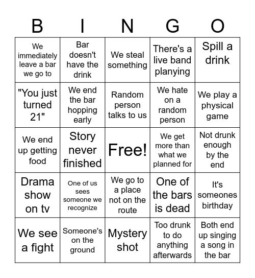 Bar Hopping Bingo Card