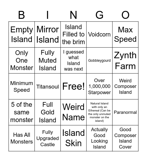 My Singing Monsters Bingo Card